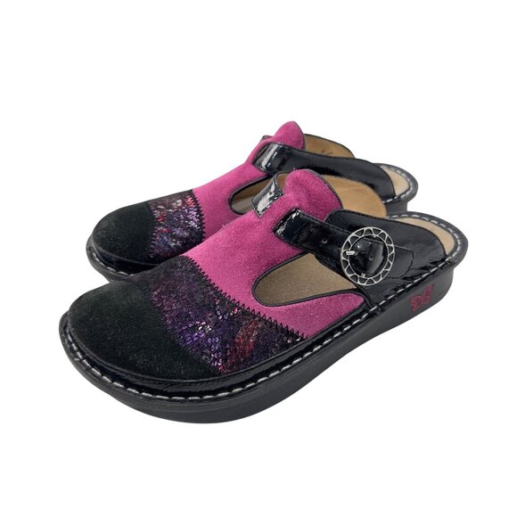 Alegria Womens Leather Slip-On Clogs Comfort Shoes Size 39 Pink&Black Adj Buckle - Picture 1 of 15